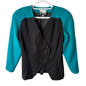 Vintage Beamer Teal and Black Women's Colorblock 80s 90s Wool Blazer Size 6P